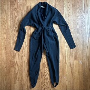 Vtg 80s THE ICING Black Full Body JumpSuit Stirrups V Neck Onesie Shoulder Pads